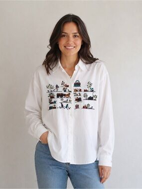 Northern Reflections White Shirt with Multicolor Embroidered Duck Motif